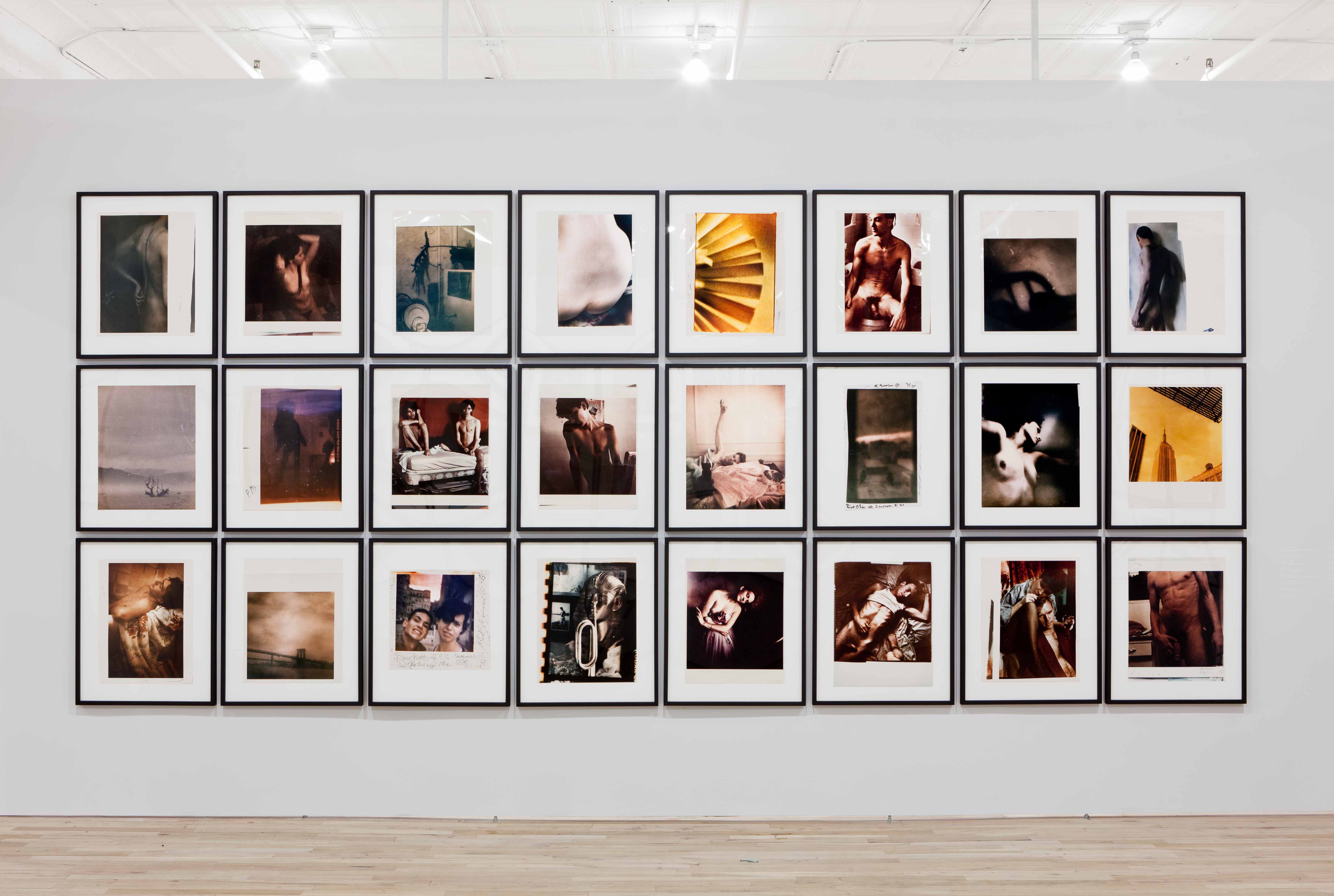 A white wall with twenty-four framed photograms arranged in an eight by three rectangle.