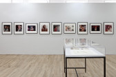 A white wall displaying nine framed photographs of people. In the foreground, there is a vitrine with papers encased in glass.