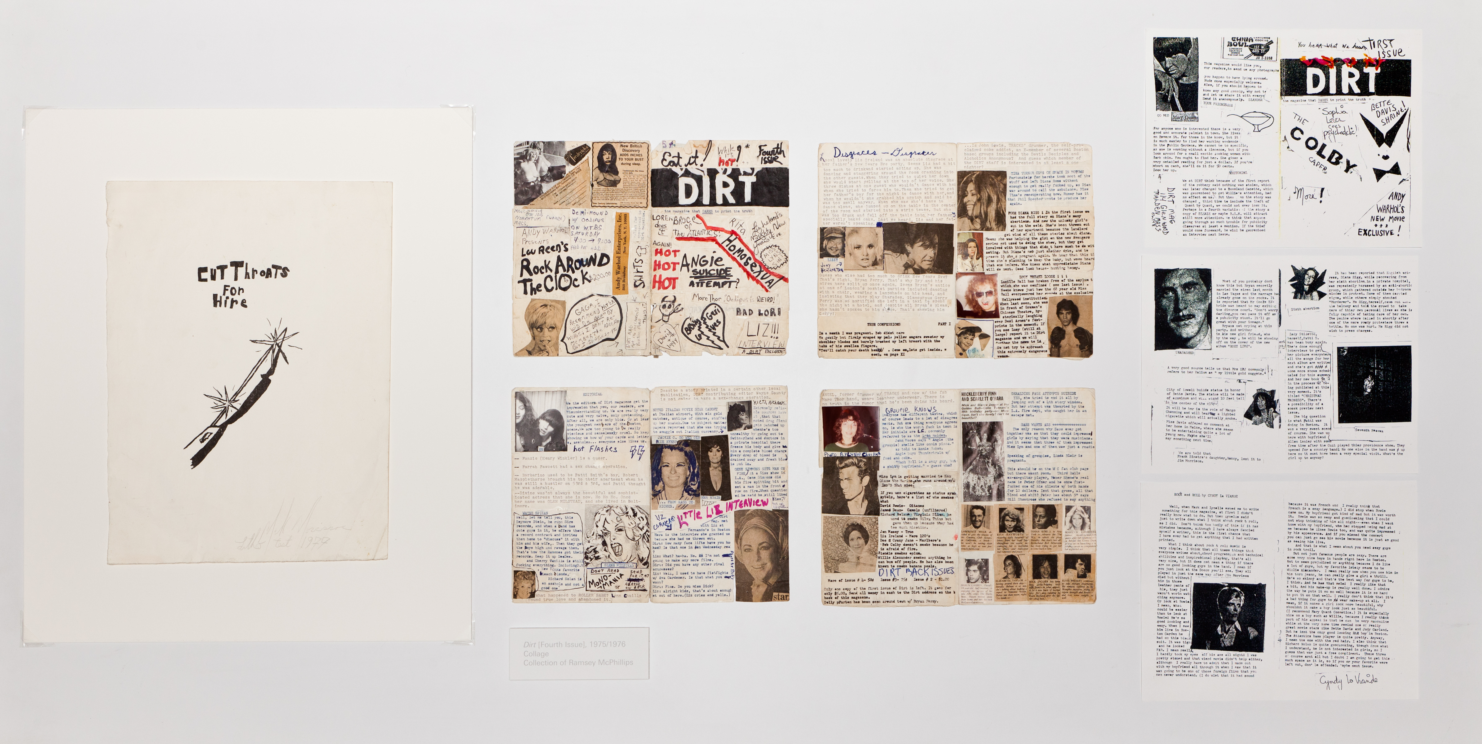 A white wall displaying eight papers. On the far left, there is a drawing of a knife with the handwritten text 