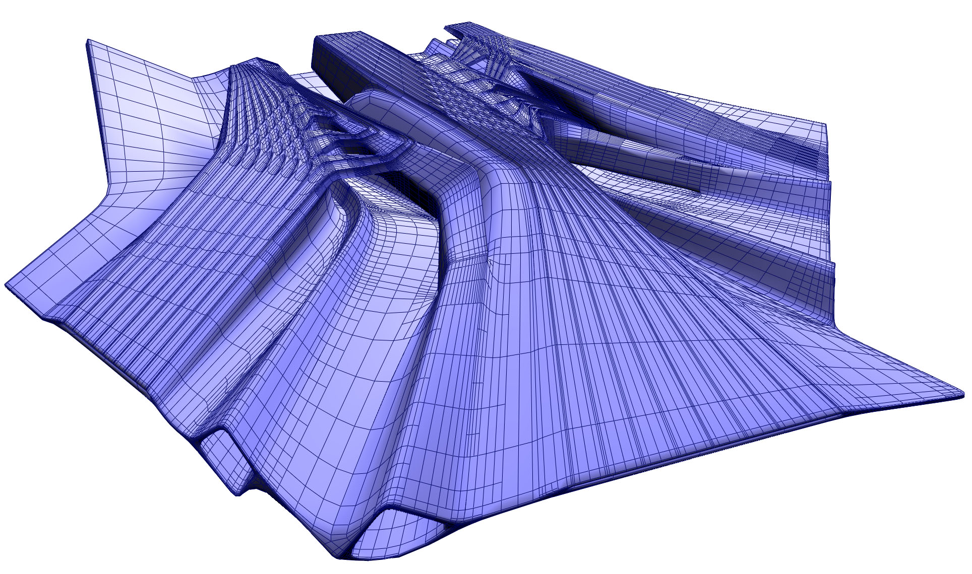 A computer rendering of a purple and amorphous form composed of long, extending tube shapes on a white background.