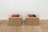 Two identical plinths made of MDF sit side by side in a gallery. Each plinth displays a red and black store-bought checkerboard, with a set of checkers layed out. The checkers on the left are made of steel and plated with a chrome and black-oxide finish. The checkers on the right are made of powder-coated aluminum.