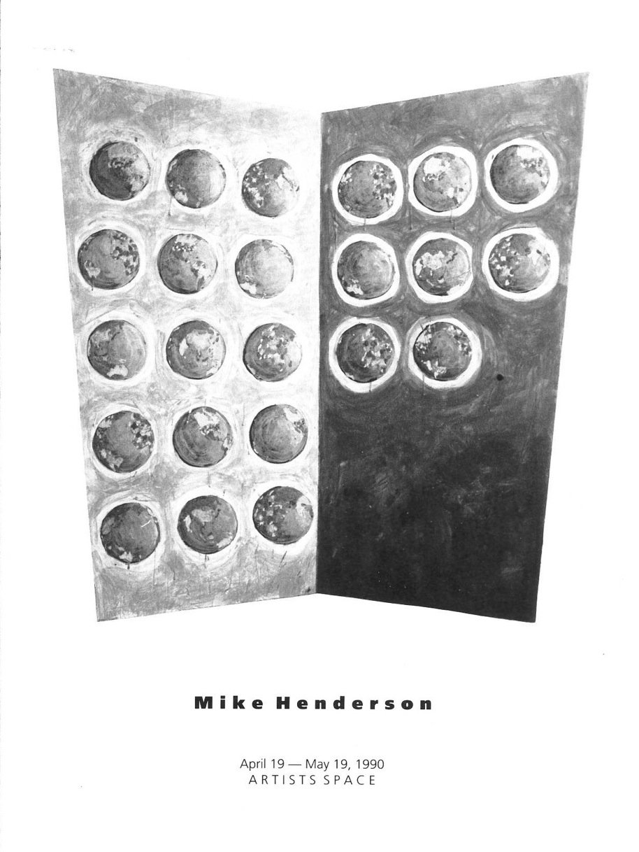 An abstract image of two rectangles, one light and one dark, each dotted with a grid of circles.  Below this, black text reads, "Mike Henderson, April 19-May 19, Artists Space."