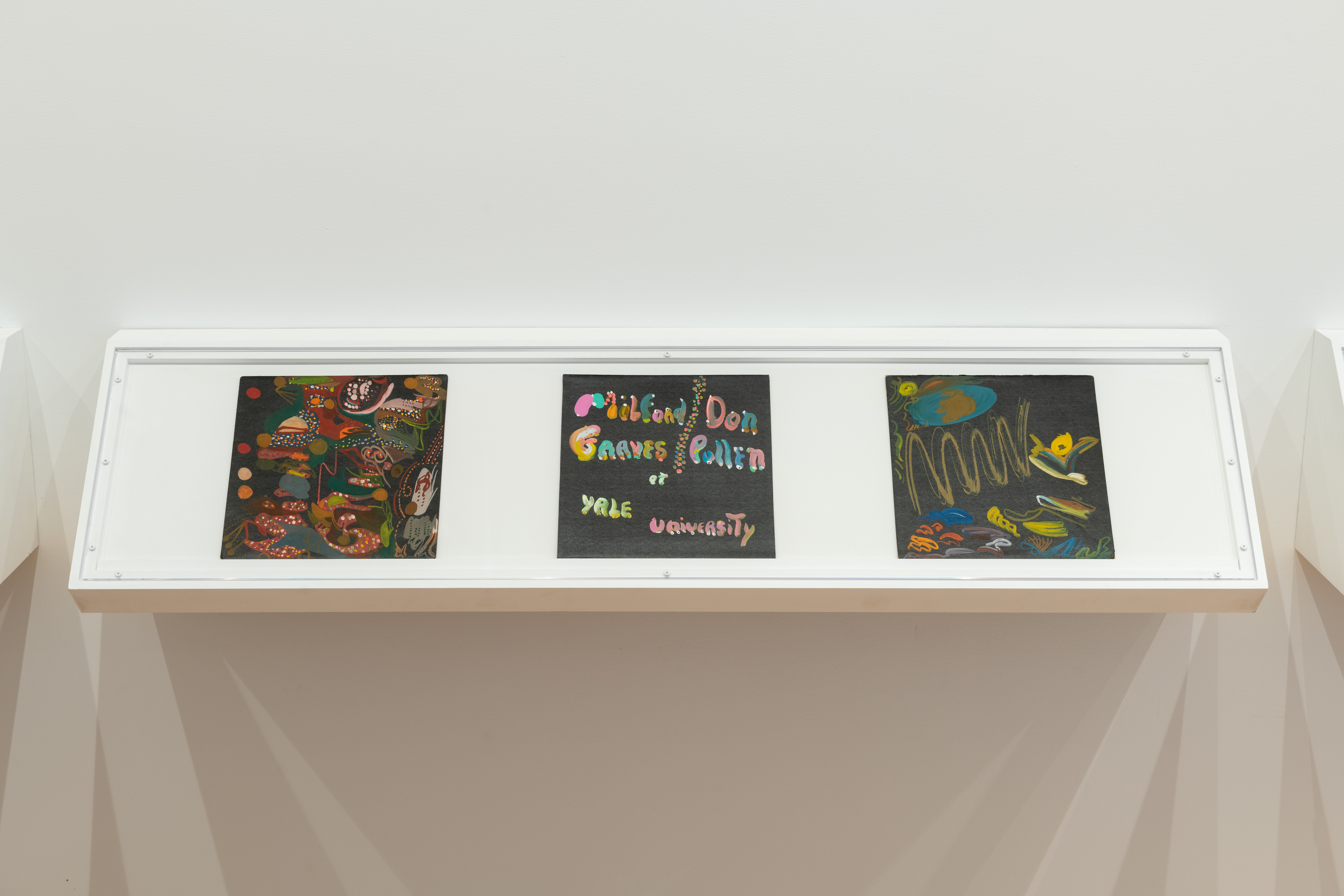 A color photograph of three handpainted LPs in a wall mounted vitrine.