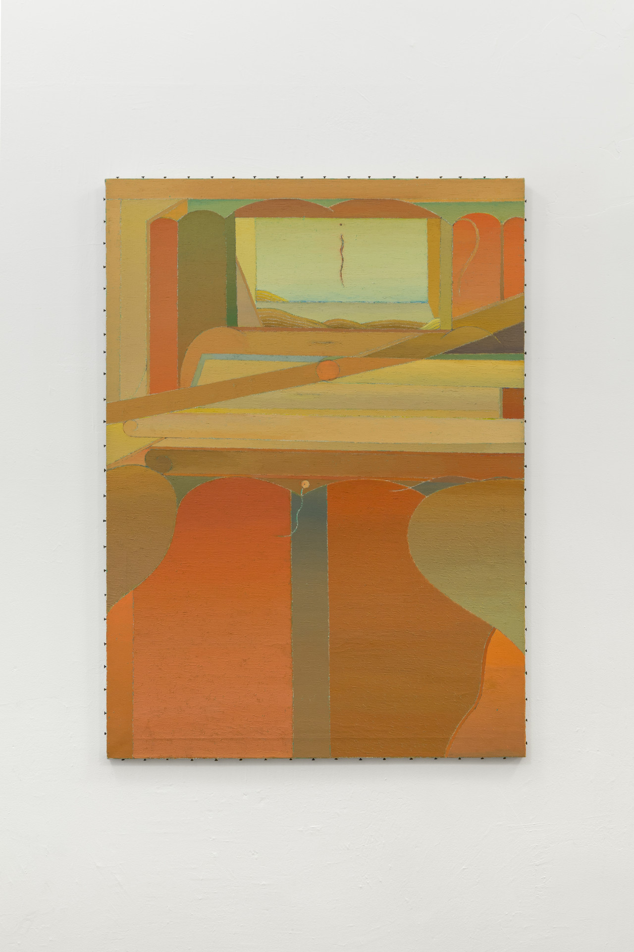 A painting with orange and neutral hues is hung on a white wall with nails around the perimeter of the canvas.