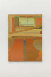 A painting with orange and neutral hues is hung on a white wall with nails around the perimeter of the canvas.
