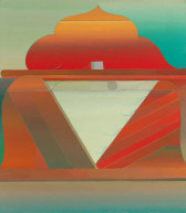 Gradient red and green, curved and cusped shades. A red pointed mound sits atop a pale green inverted triangle inside angular red and green rectangles.