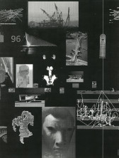 Several black and white images collaged on a black background. Some of the images are photographs of various buildings, bridges, and other structures—some in the process of construction. At the bottom of the composition is an alien-like image of a man with dark eyes and a large nose.