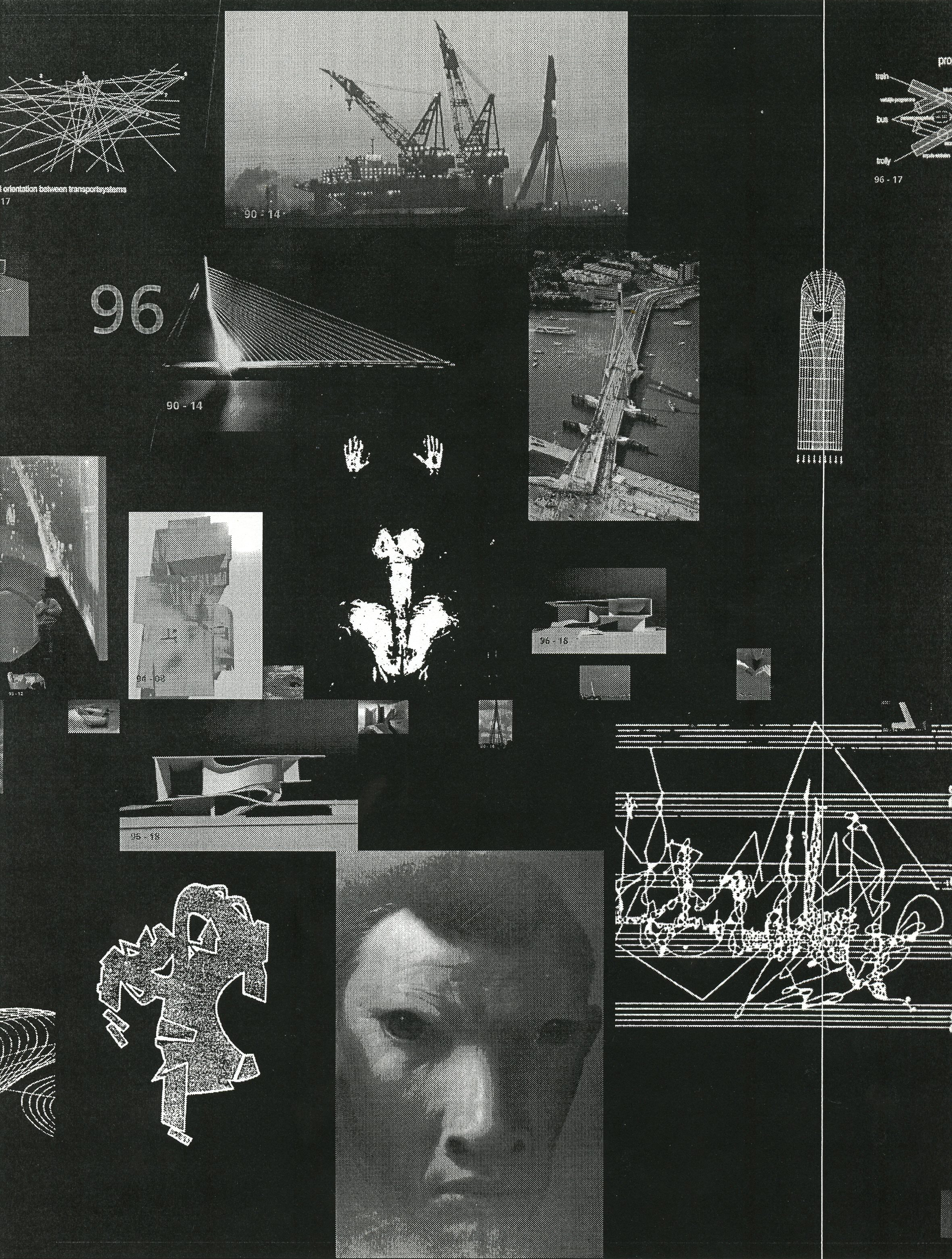 Several black and white images collaged on a black background. Some of the images are photographs of various buildings, bridges, and other structures—some in the process of construction. At the bottom of the composition is an alien-like image of a man with dark eyes and a large nose.