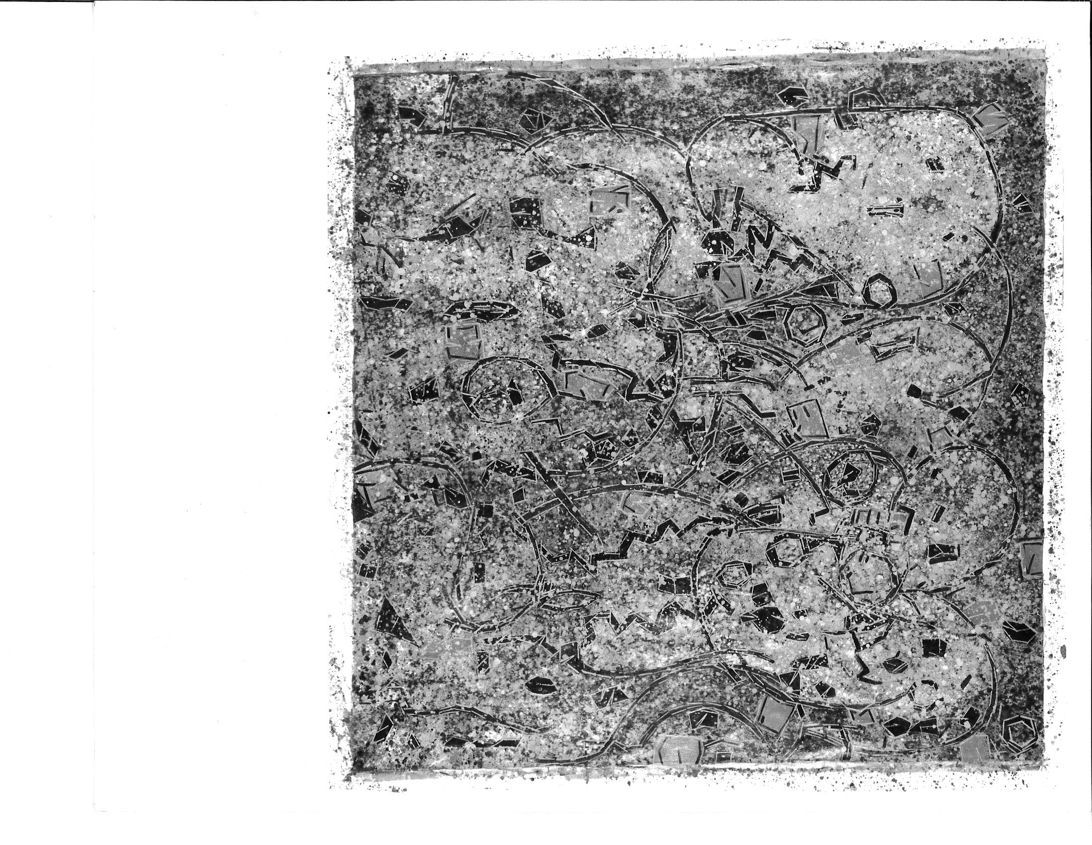 An abstract painting littered with dots, black shapes and line forms.