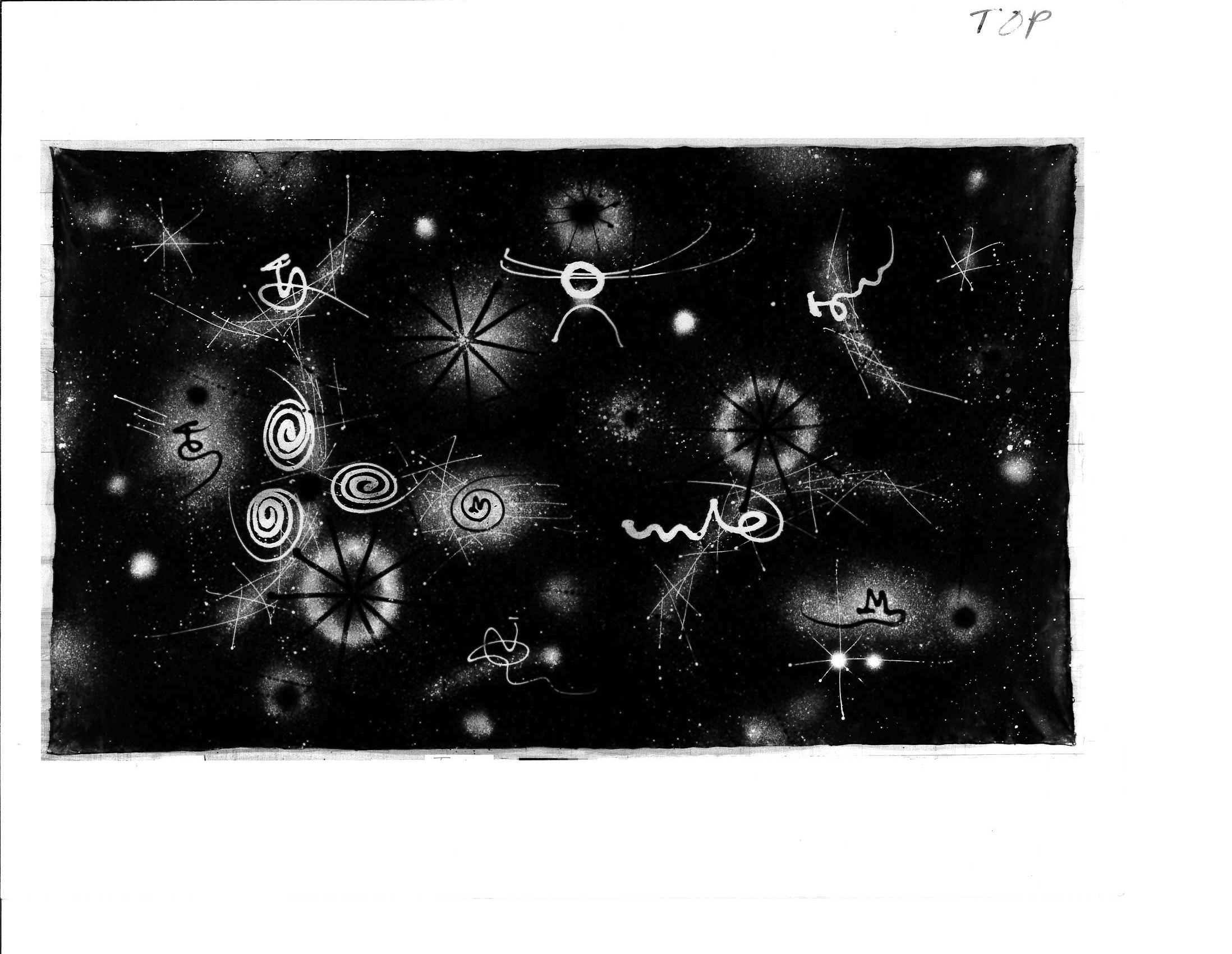 A number of abstract lines and shapes appear in a star-like nature with a black background.