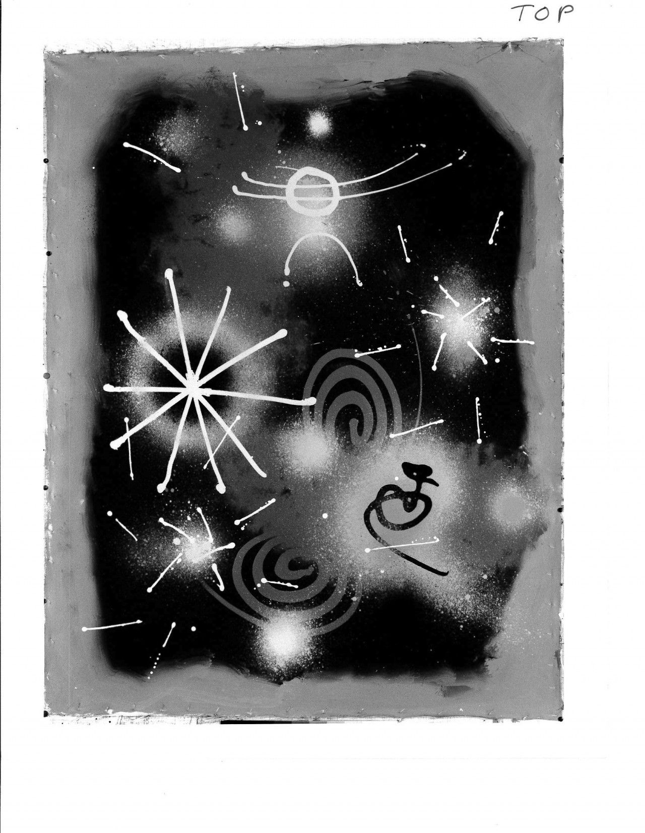 Various abstract star-like symbols appear wih a black background.