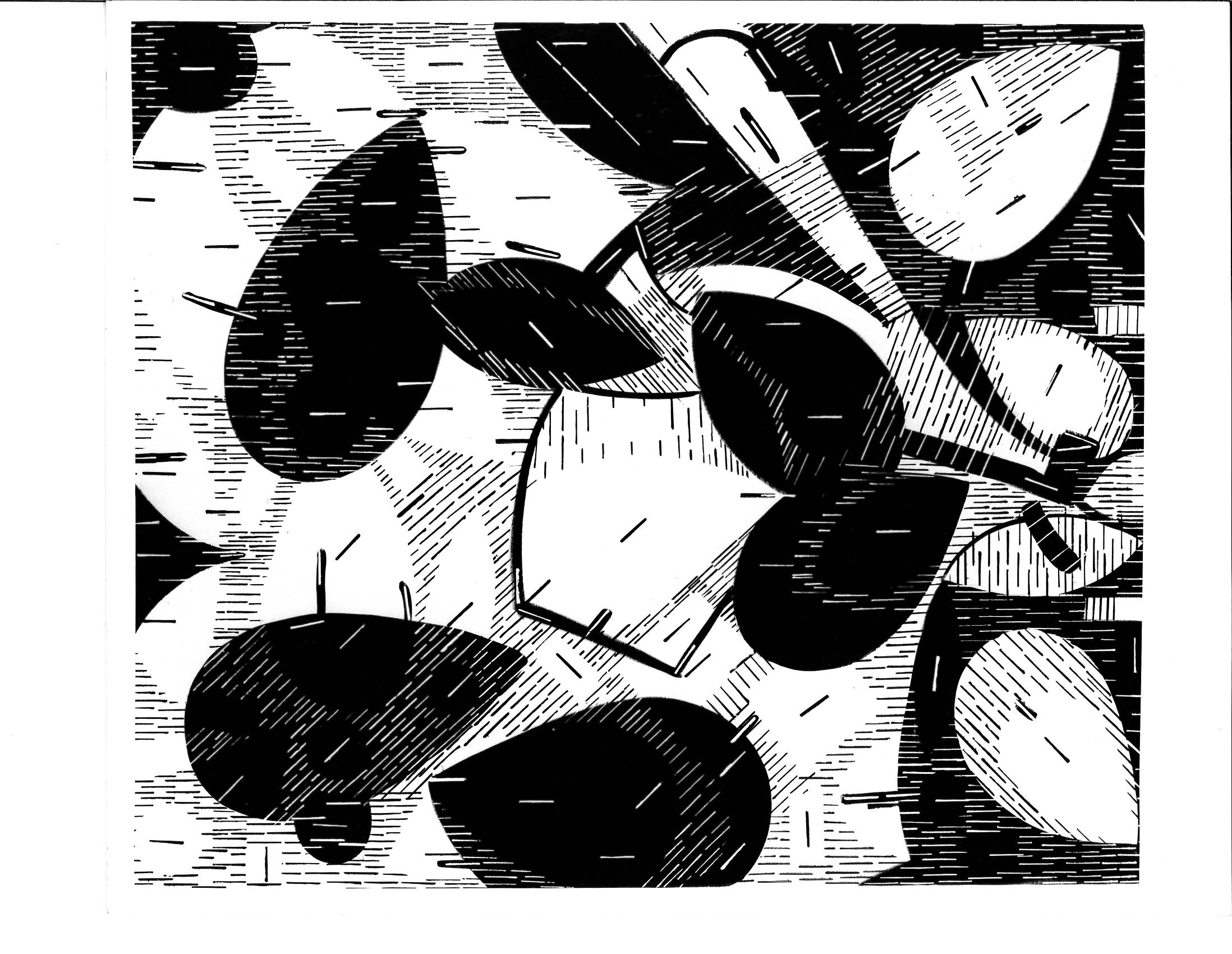 Various black and white obal shapes appear with lines throughout this abstract work.