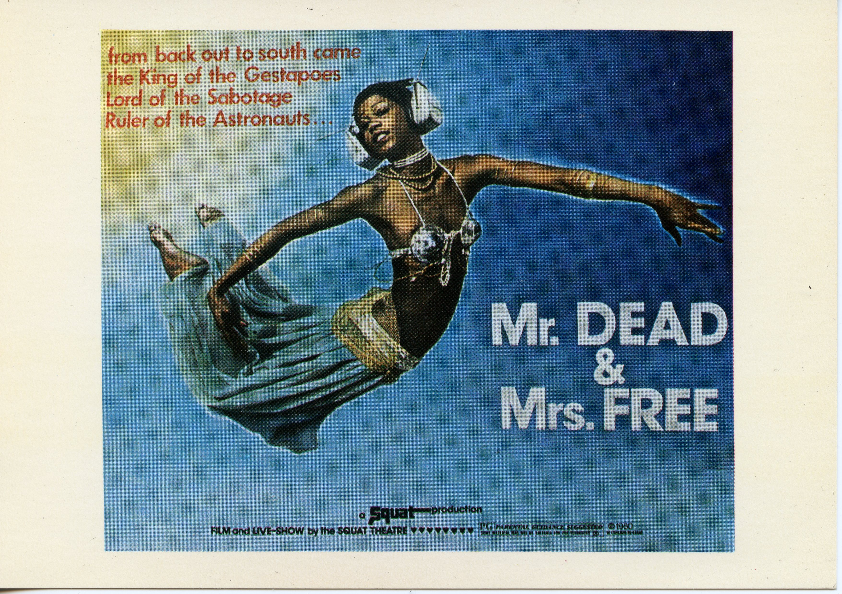 A person suspended as if swimming or floating, with large headphones, a silver bikini top, and loose, blue pants and bangles up her arms on a blue background. Red text above her reads, 