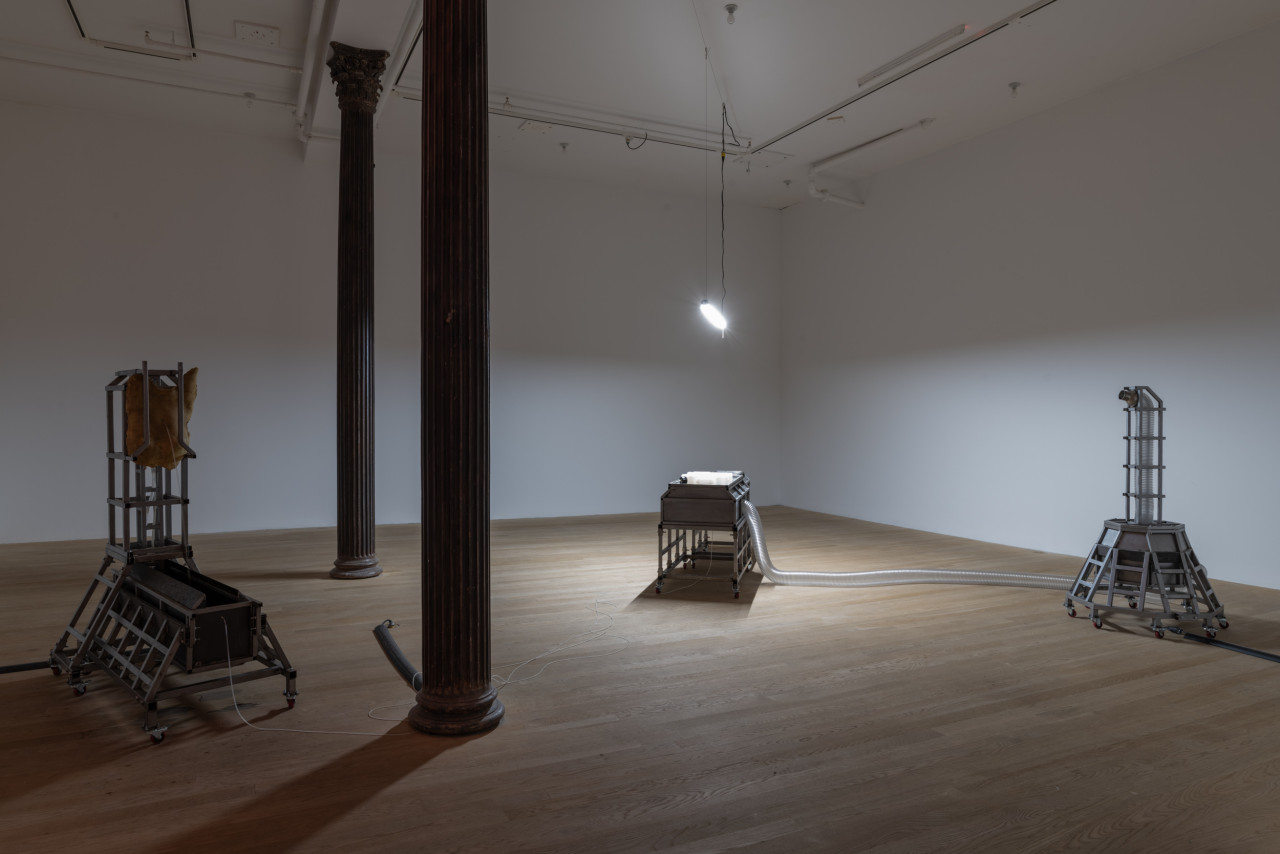 Three steel structures sit in the space, lit from a singular overhead white LED strip light. On the left sits a trough, fed liquid through the belly button of a torso-like sculpture. In the middle sits a human-sized metal box. A clear tube connects the box to the structure standing on the right, which includes metal rails that hold and pitch the tube upright.