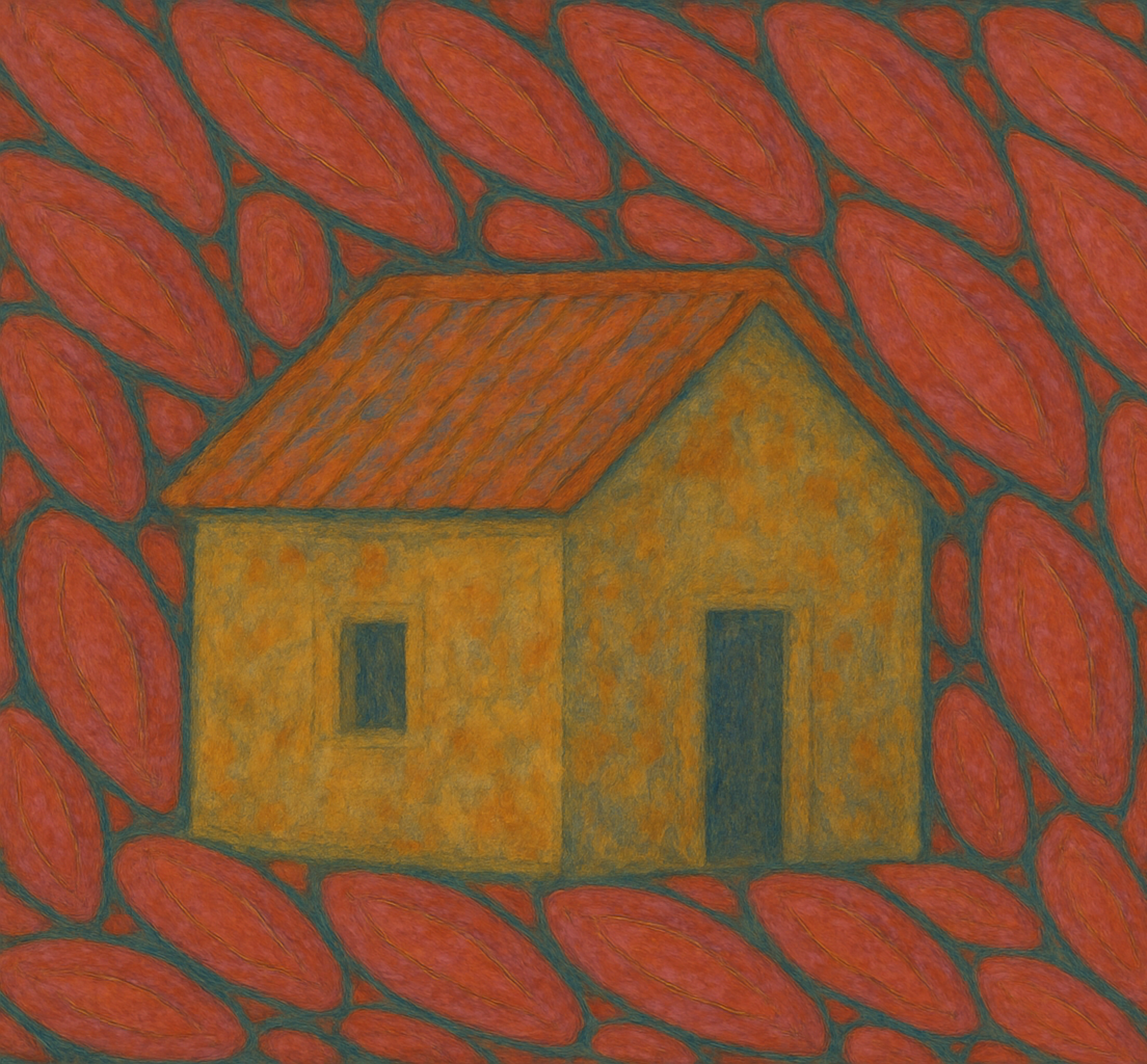 An illustration takes up the whole frame depicting a yellow house with one rectangular door, one square window, and an orange roof. The house sits in an ambiguous space of slanted red ovals without any perspectival grounding.