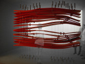 A digital rendering of a large structure composed of suspended sheets of red material installed in a gray room. The red sheets are stacked on top of one another, suspended from lengths of wire that run from ceiling to floor. The sheets bend amorphously and are arranged such that they resemble irregular layers of sedimentary rock or strata. Three digitally-rendered figures observe the structure.