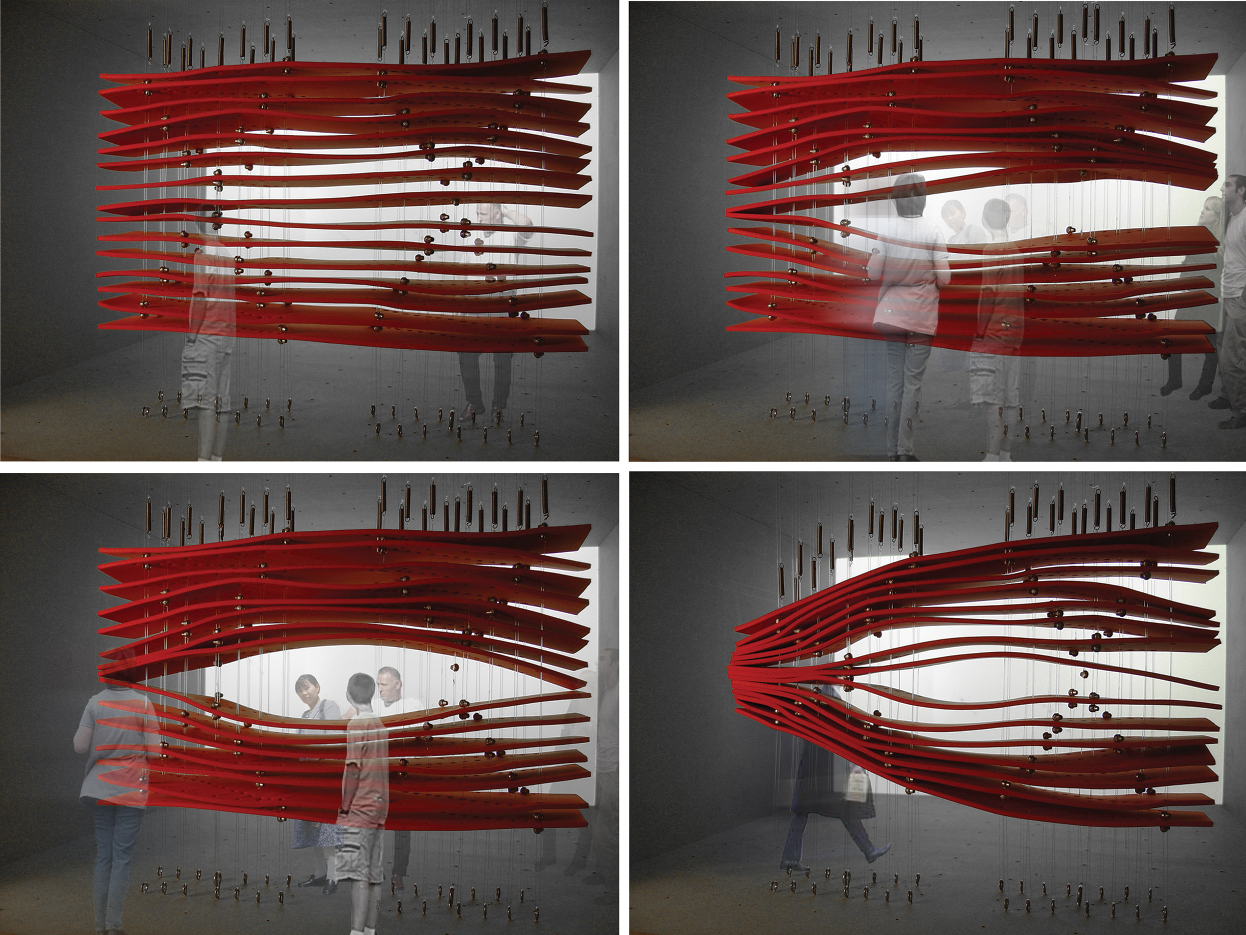 Four images arranged in a rectangular tile formation. Each image shows a digital rendering of a large structure composed of suspended sheets of red material installed in a gray room. The red sheets are stacked on top of one another, suspended from lengths of wire that run from ceiling to floor. The sheets are arranged differently in each image, bending towards and away from each other. They arranged such that they resemble irregular layers of sedimentary rock or strata. Various digitally-rendered figures observe the structure in each image.