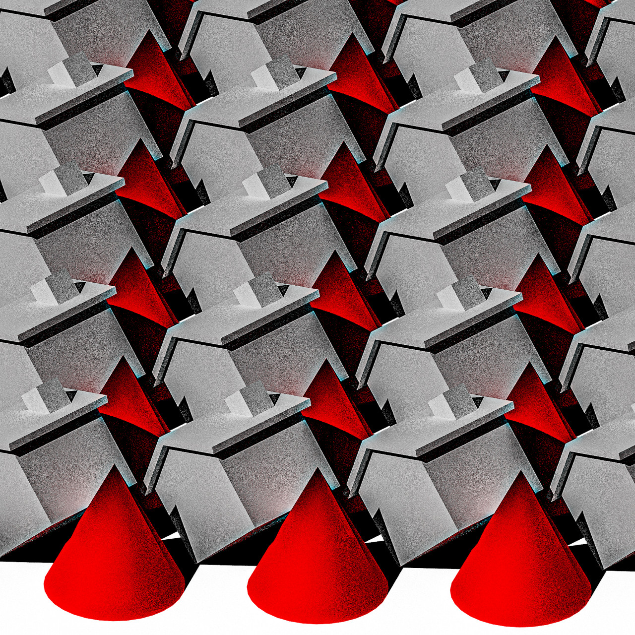 A repeating pattern of grey pentagons and red gradient triangles stretches across the image. Three red cones near the bottom appear to demarcate the ground plane, rendering a three-dimensional effect.