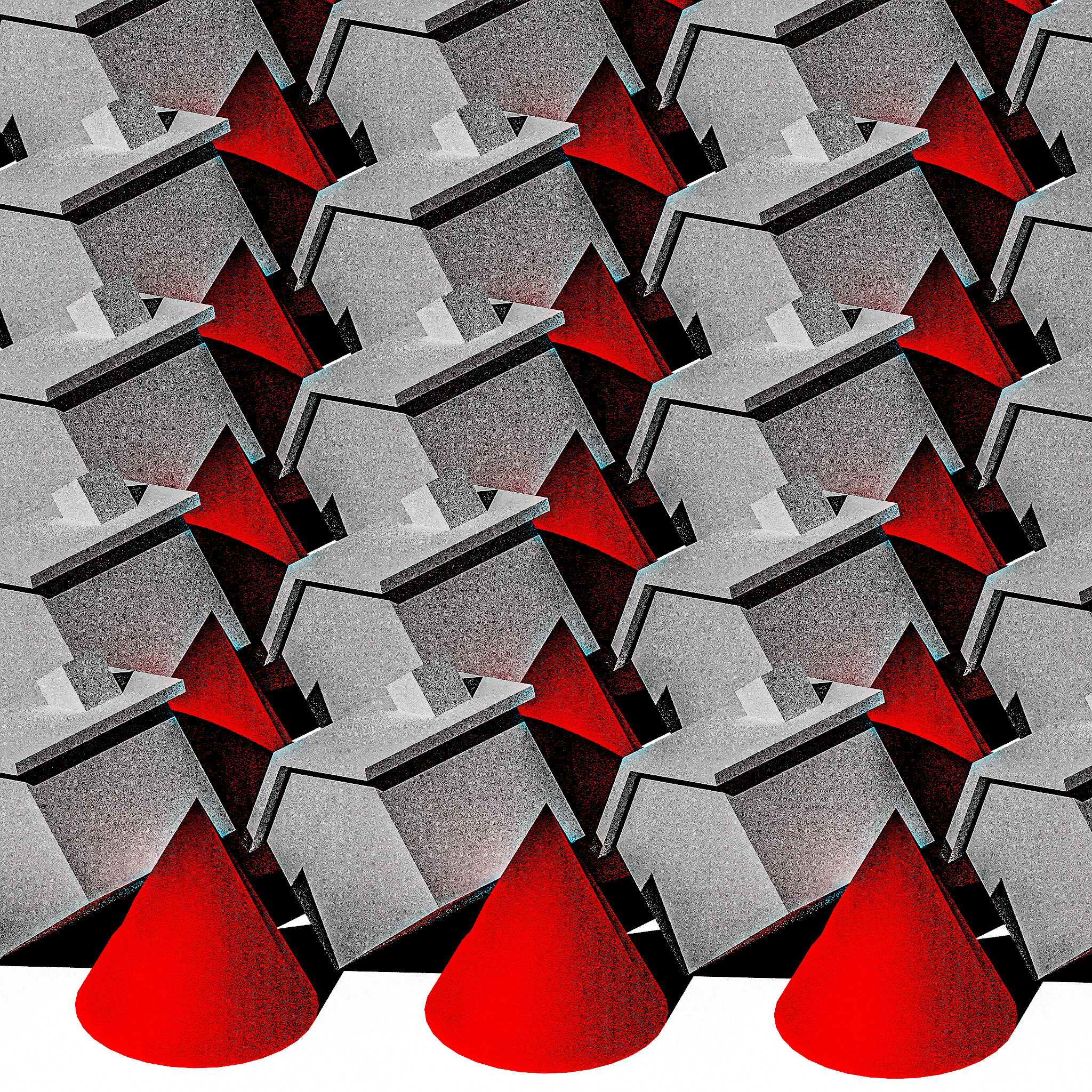 A repeating pattern of grey pentagons and red gradient triangles stretches across the image. Three red cones near the bottom appear to demarcate the ground plane, rendering a three-dimensional effect.