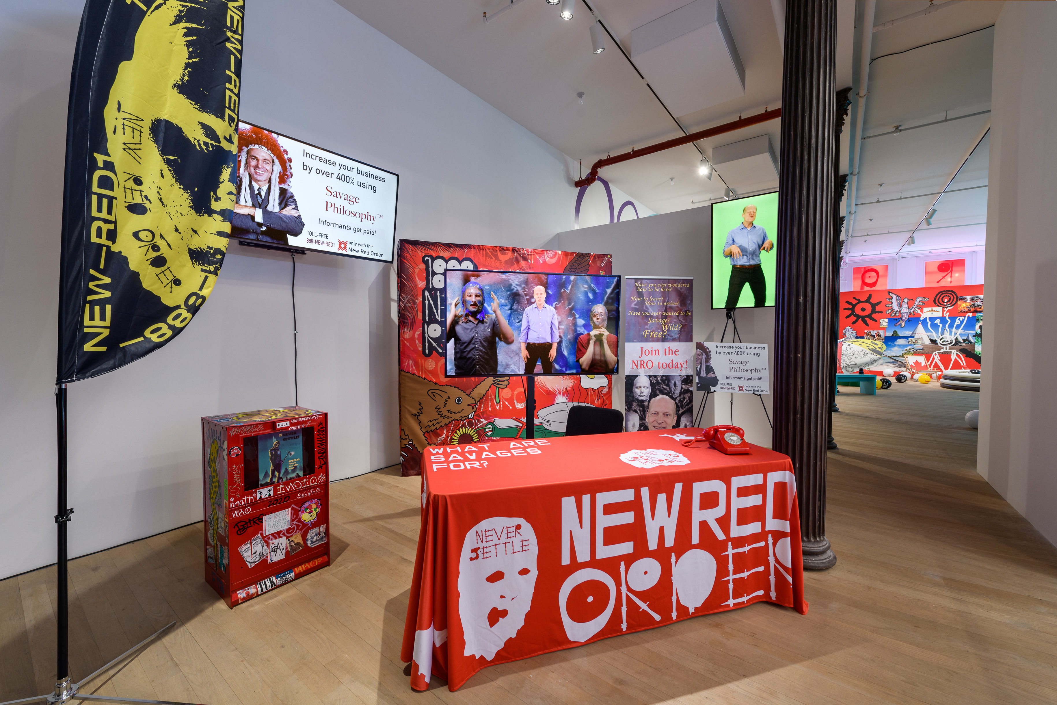 A table with red cover that reads 