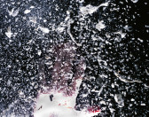 A hand extends its fingers admist a shower of droplets of liquid. A bright light shines on the hand and droplets.