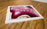 Close up of two rectangular plates of glass resting on top of a thin bed of white salt. A red, blood-like substance forms irregular patterns between the plates.