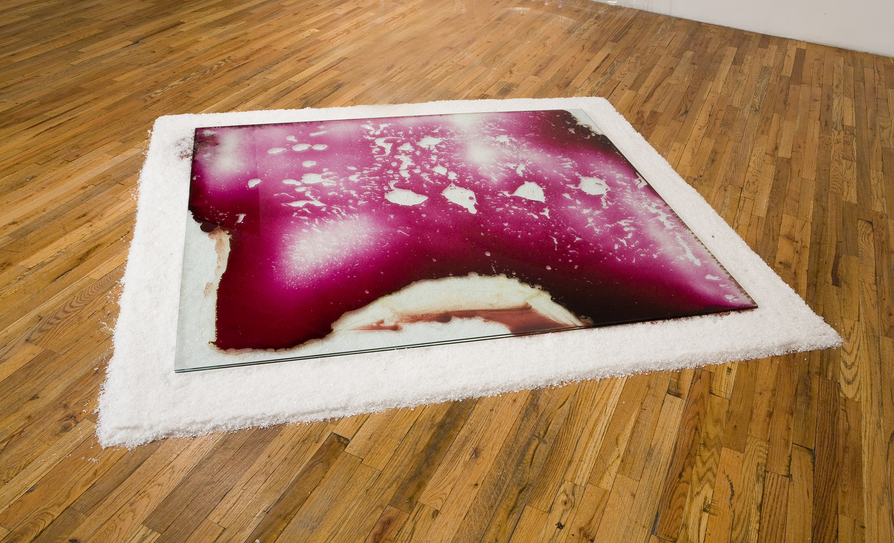 Close up of two rectangular plates of glass resting on top of a thin bed of white salt. A red, blood-like substance forms irregular patterns between the plates.