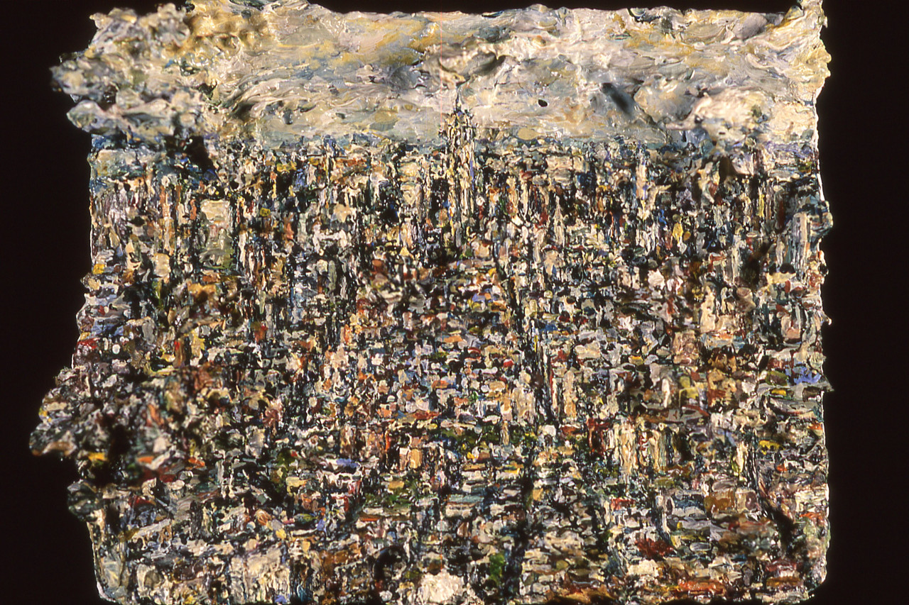 An oil painting of a colorful city crowded with buildings.