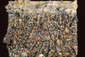 An oil painting of a colorful city crowded with buildings.