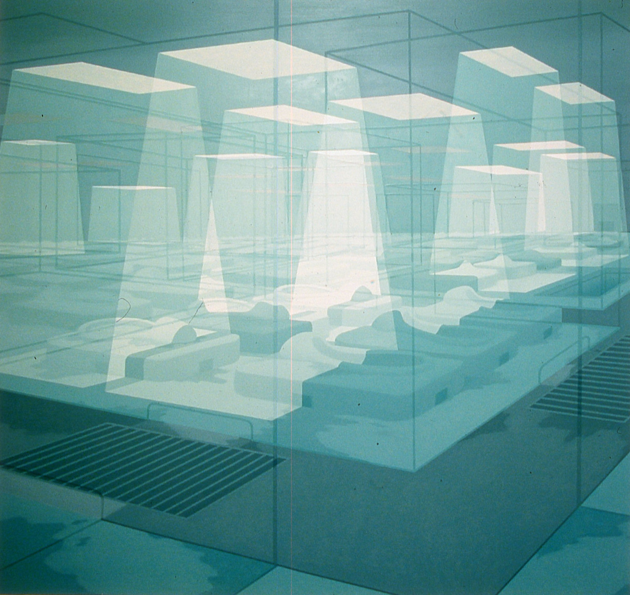 A blue-toned image of a room with dozens of beds arranged in rows on platforms surrounded by floor grates. Spots of sunlight filter in through skylights in the ceiling.