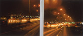 Two paintings arranged side by side, both depicting highways with a blur of car lights and tailights.