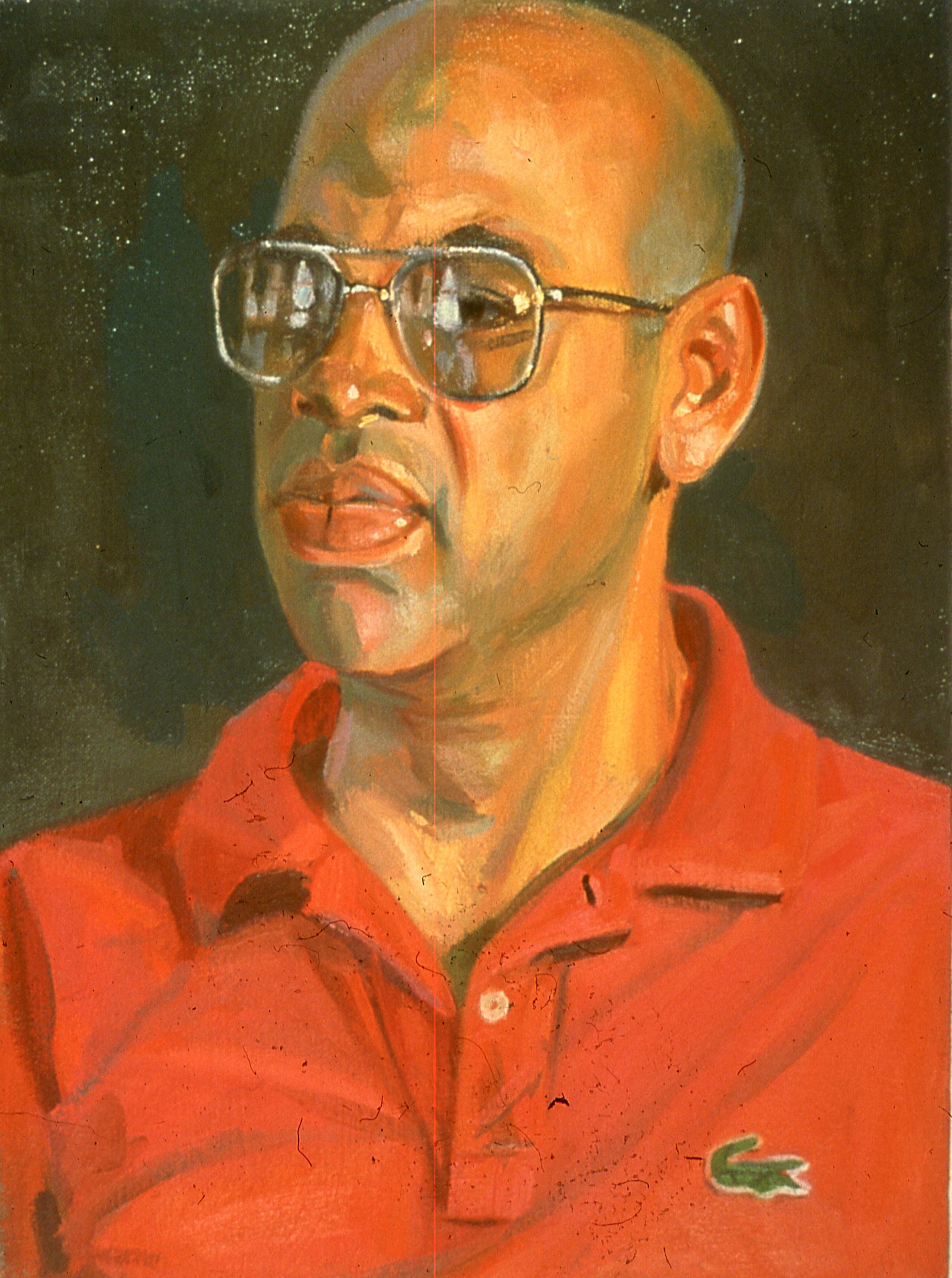 A painting of a bald man with glasses looking off to the side. He wears a red Lacoste polo shirt.