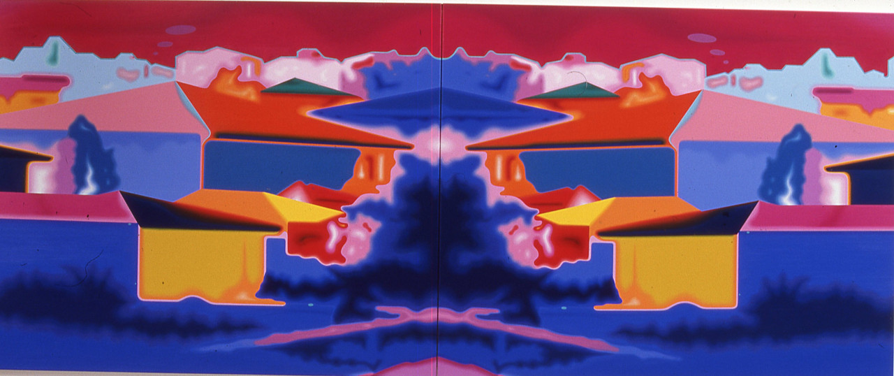 A symmetrical image of windowless houses rendered in inverted colors with tones of purple, yellow, and pink.