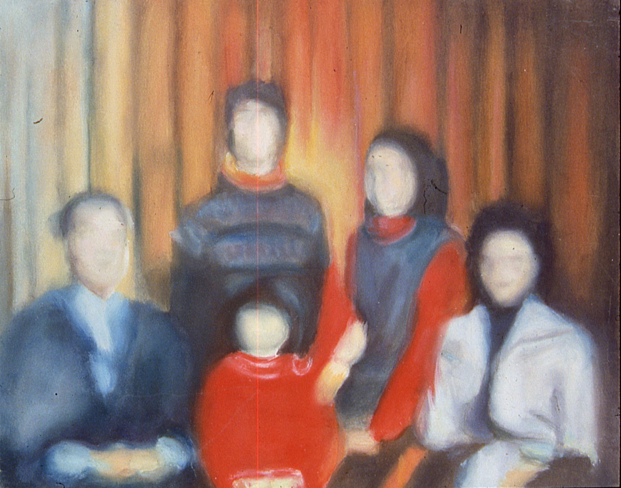 A painting of five figures seated for a portrait. Their faces are blurred out, and the entire image has been similarly rendered in soft, blurred strokes
