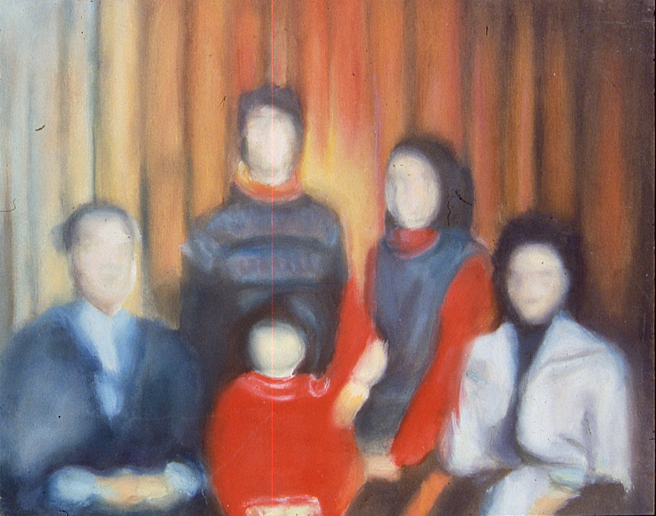 A painting of five figures seated for a portrait. Their faces are blurred out, and the entire image has been similarly rendered in soft, blurred strokes