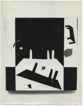 A black and white photograph of a canvas filled with black and white abstract angular forms that are reminiscent of tables.