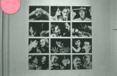 A black and white photograph of a wall featuring twelve black and white photographs, arranged in a grid. The images on the wall are of various human figures.