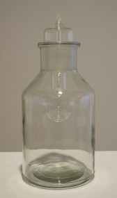 A wide cyclindrical glass bottle with a lightbulb inserted at its opening.