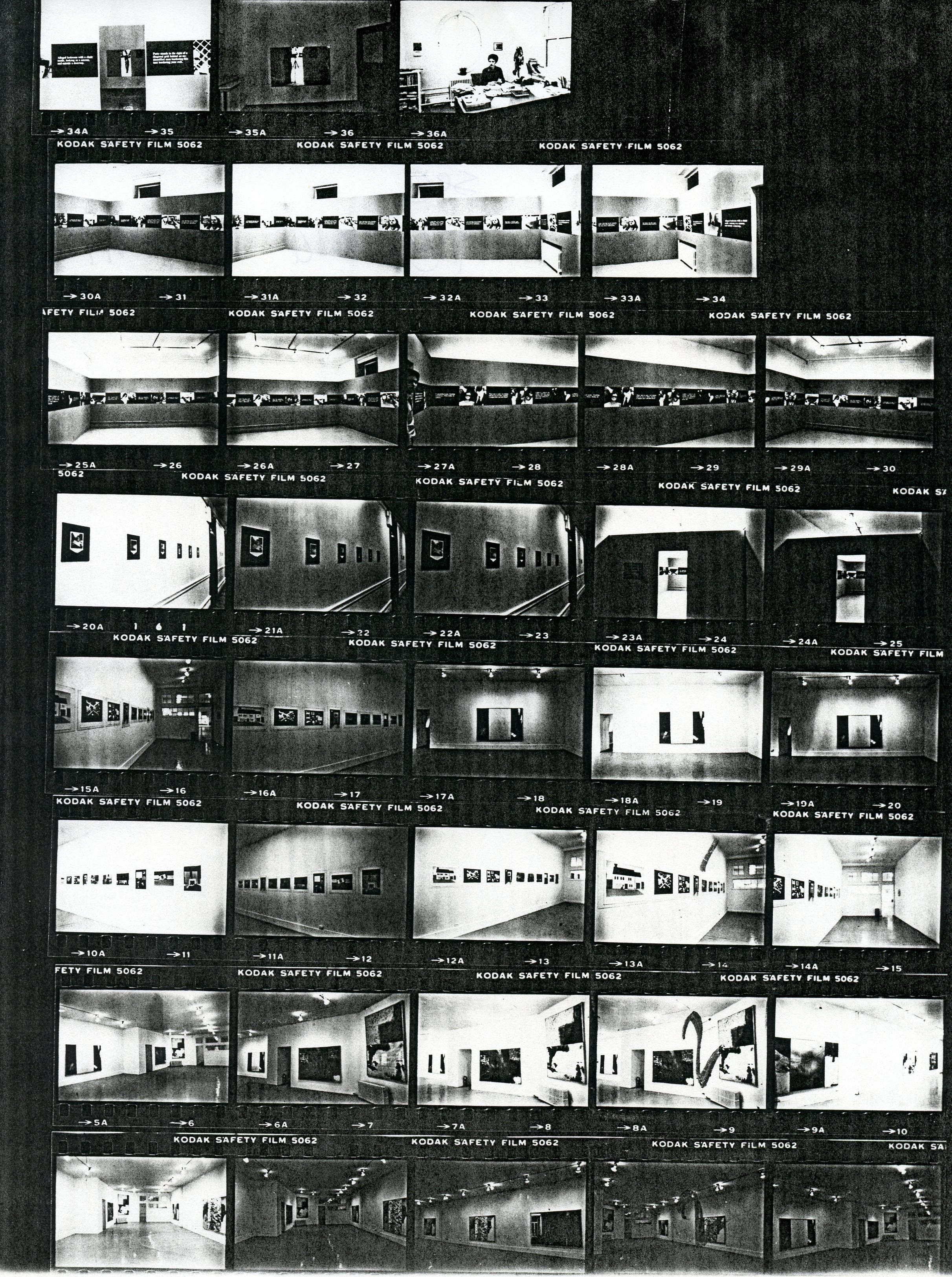 Contact sheet of installation images showing artwork hung up on walls .