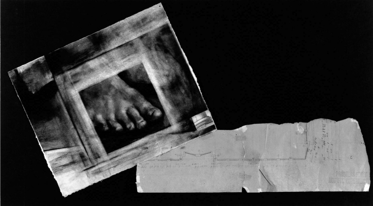 On a black background, a charcoal drawing of a foot overlaps a scrap of an architectural diagram.