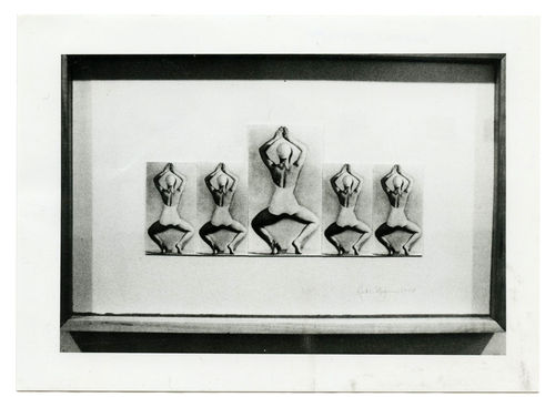 Photograph of a framed work on paper. In the work, a figure with back turned to the viewer sinks into a plié. The figure is repeated four times in the work.