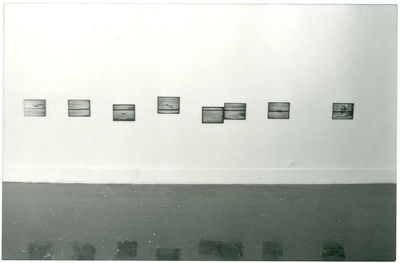 A photograph of a white gallery wall with multiple photographs mounted in a crooked row.
