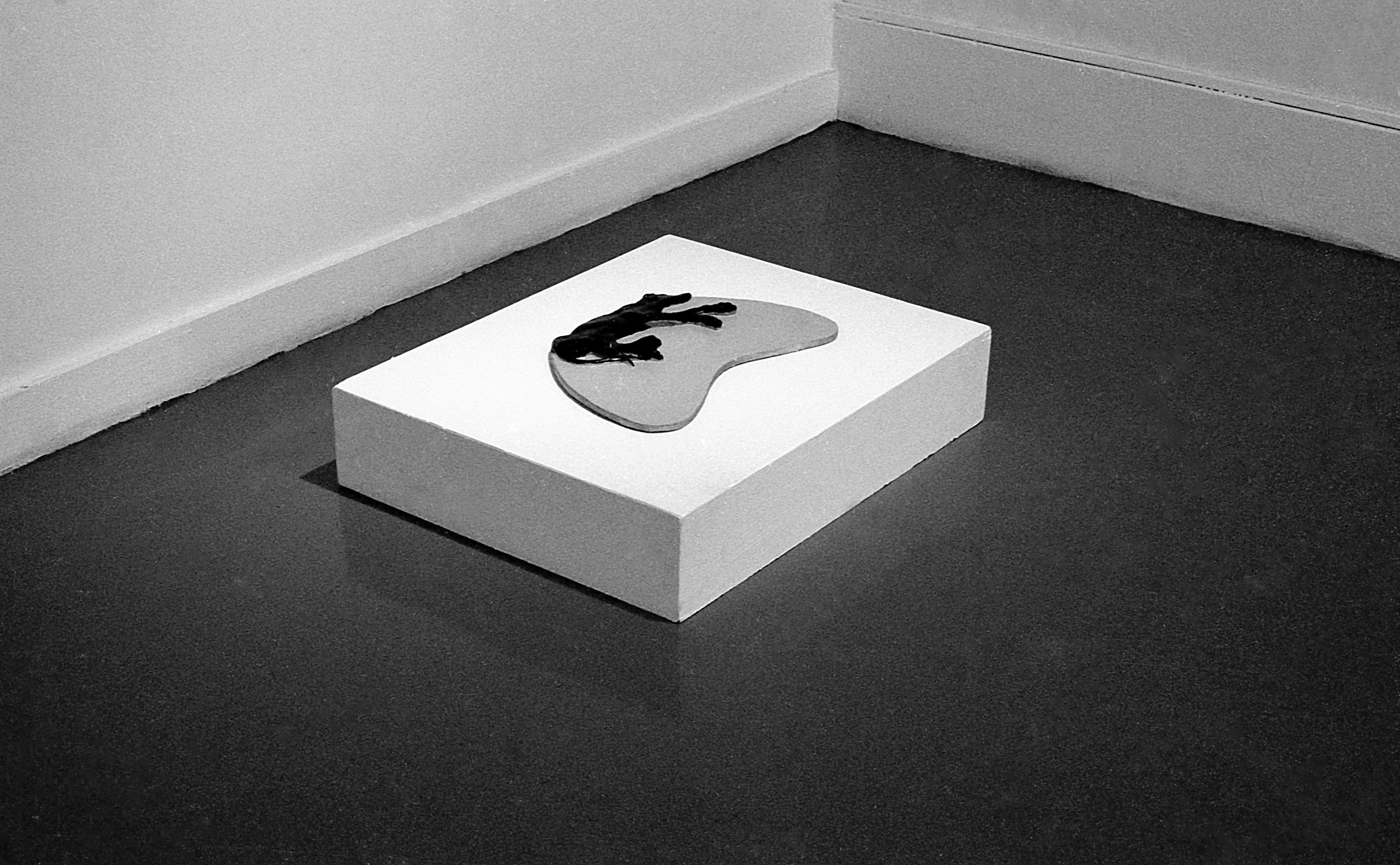 A black and white installation photo of a gallery space. An illuminated low pedastal on the floor holds a crescent shaped object.