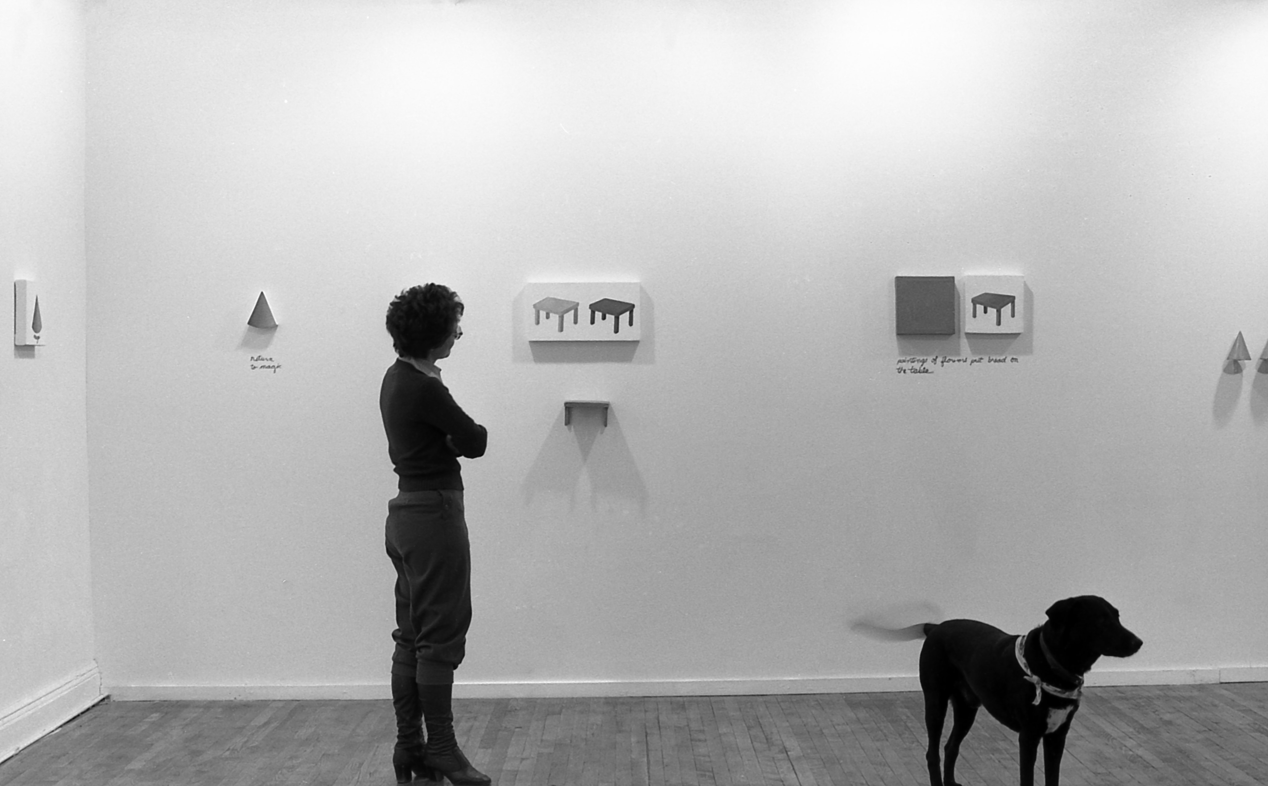 Black and white installation photograph of a gallery. a figure stands on the left, contemplating several wall hangings. A dog is visible on the right, wagging its tail.