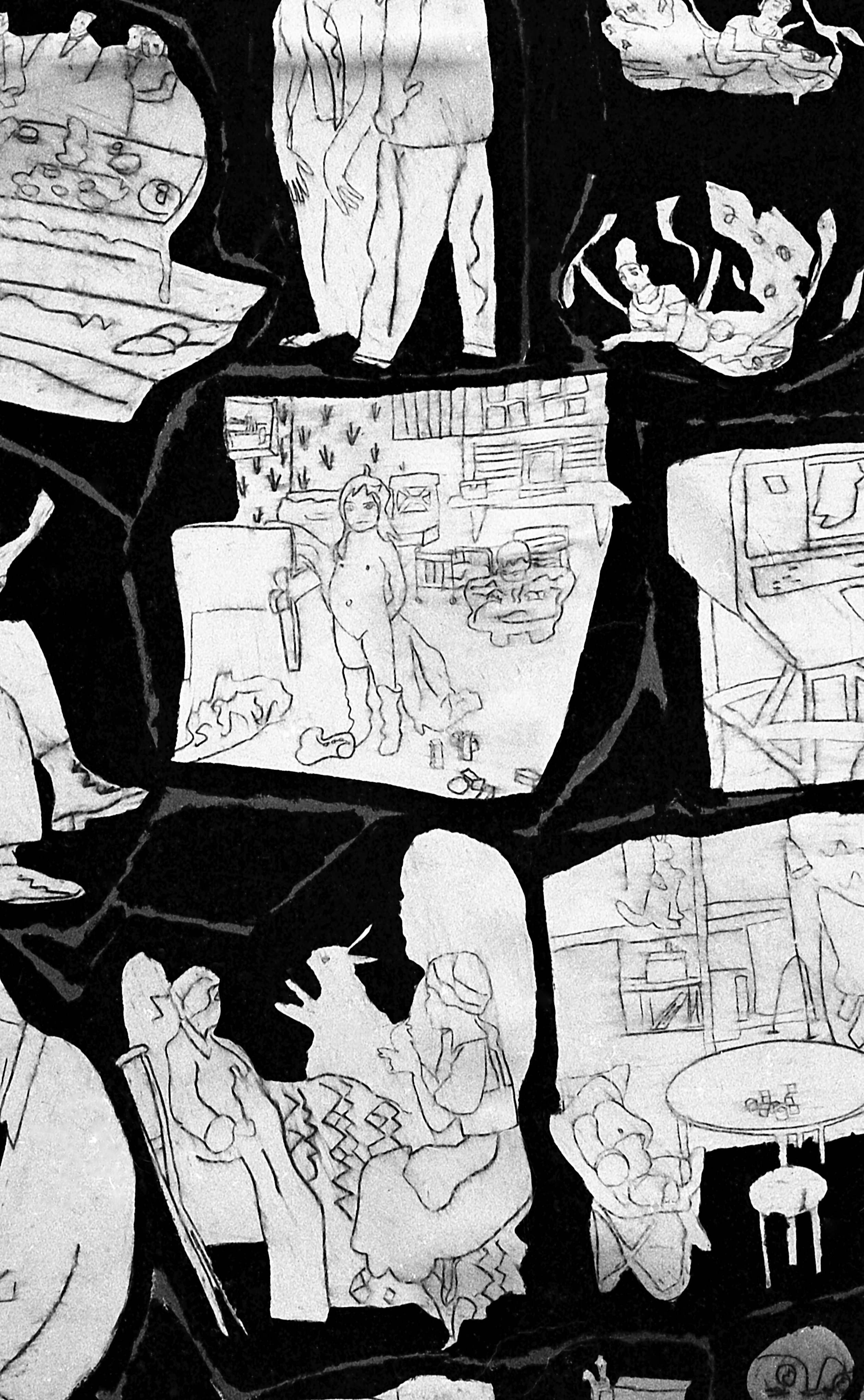 A black and white photograph of an artwork. Over a black background are the silhouetted outlines of several human figures standing and sitting.