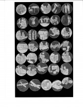 A black and white photograph of an artwork. A gainst a black background, 35 circles are drawn. Inside of each sphere is a miniature scene, either featuring people, planes, or household interiors.