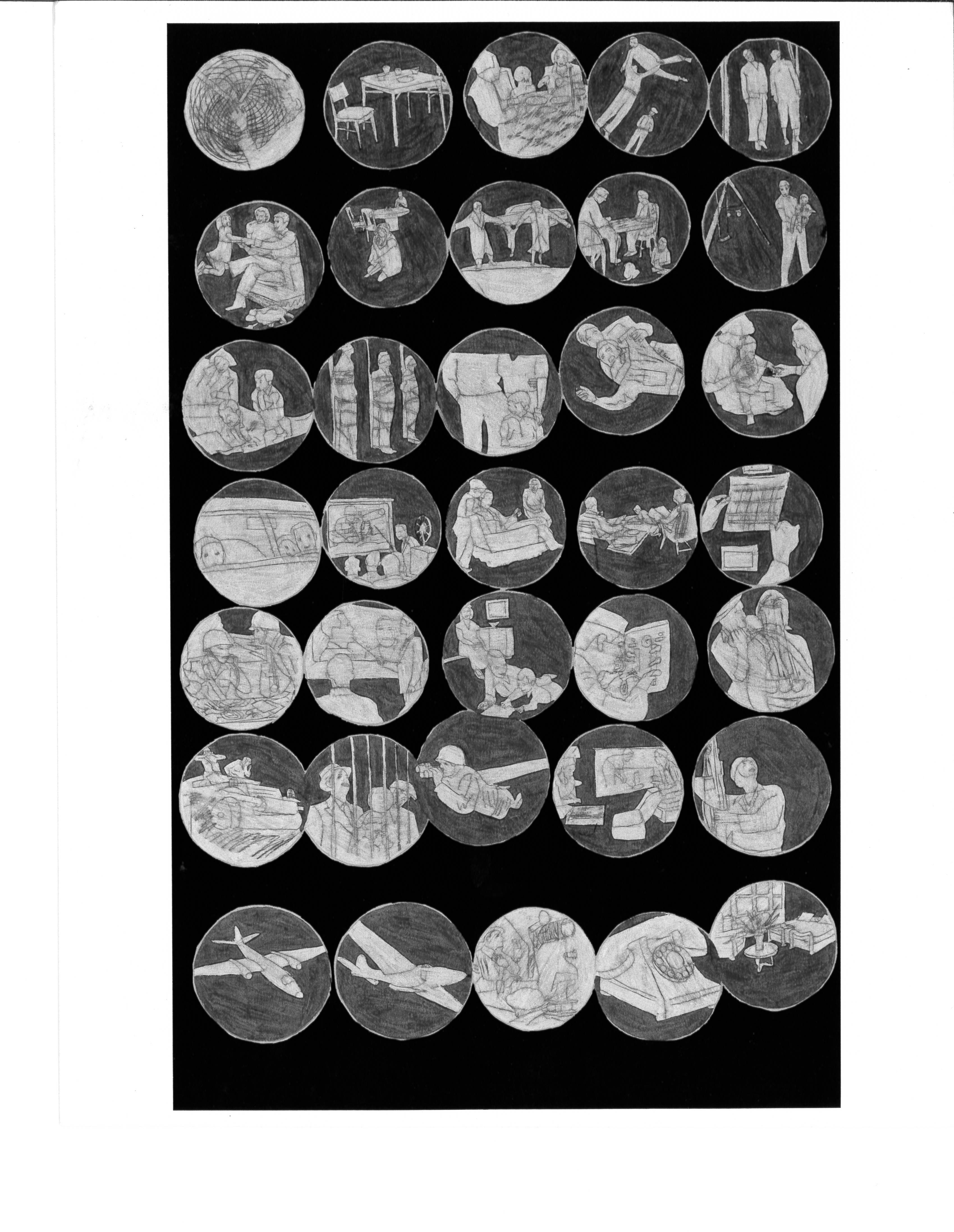 A black and white photograph of an artwork. A gainst a black background, 35 circles are drawn. Inside of each sphere is a miniature scene, either featuring people, planes, or household interiors.