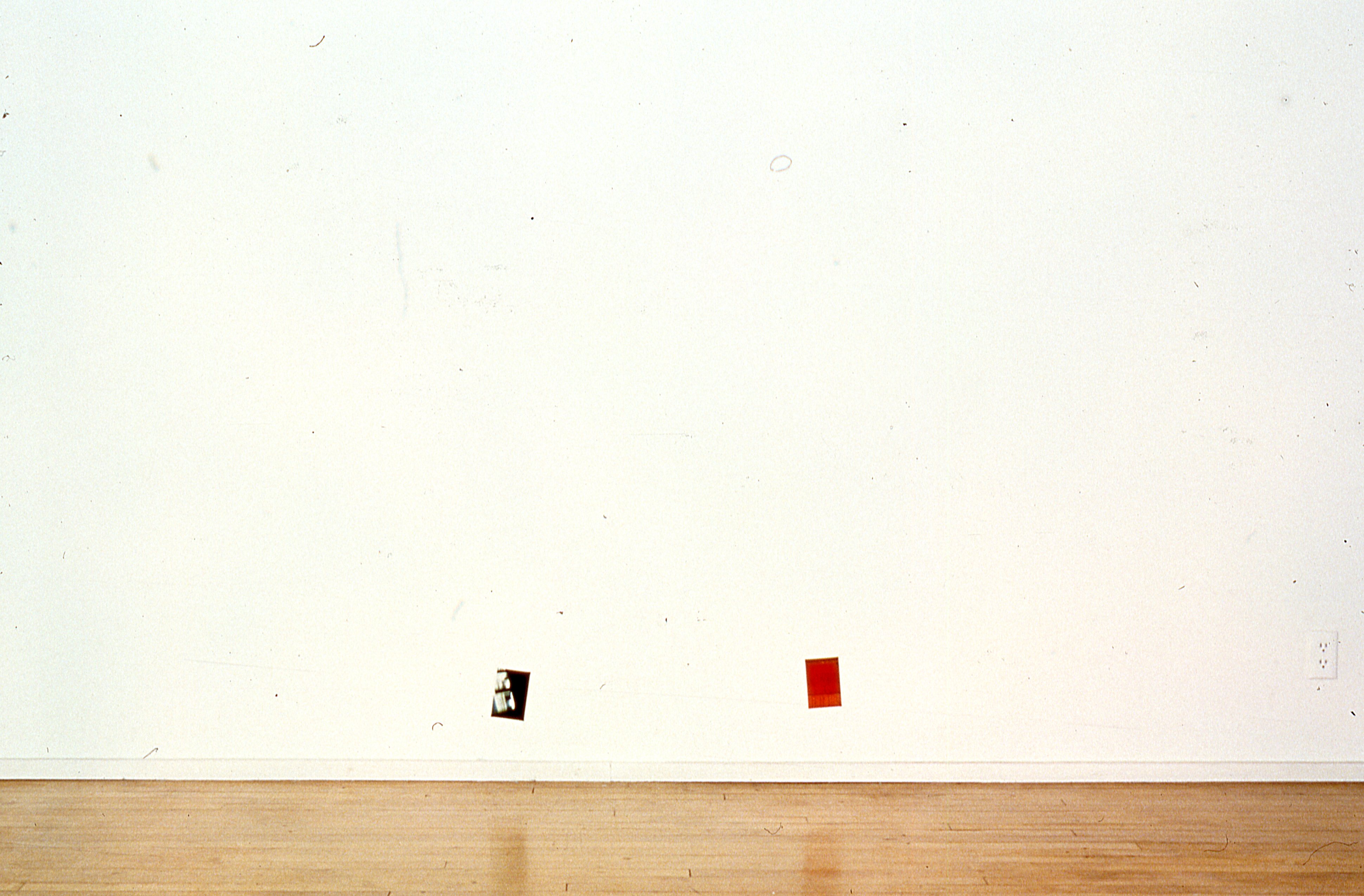 Two photographs are mounted on a white gallery wall.