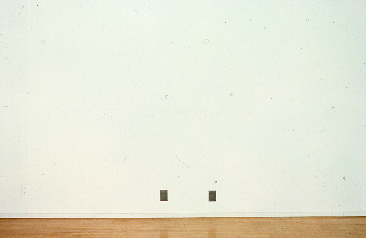 Two small photographs are mounted on a white gallery wall.