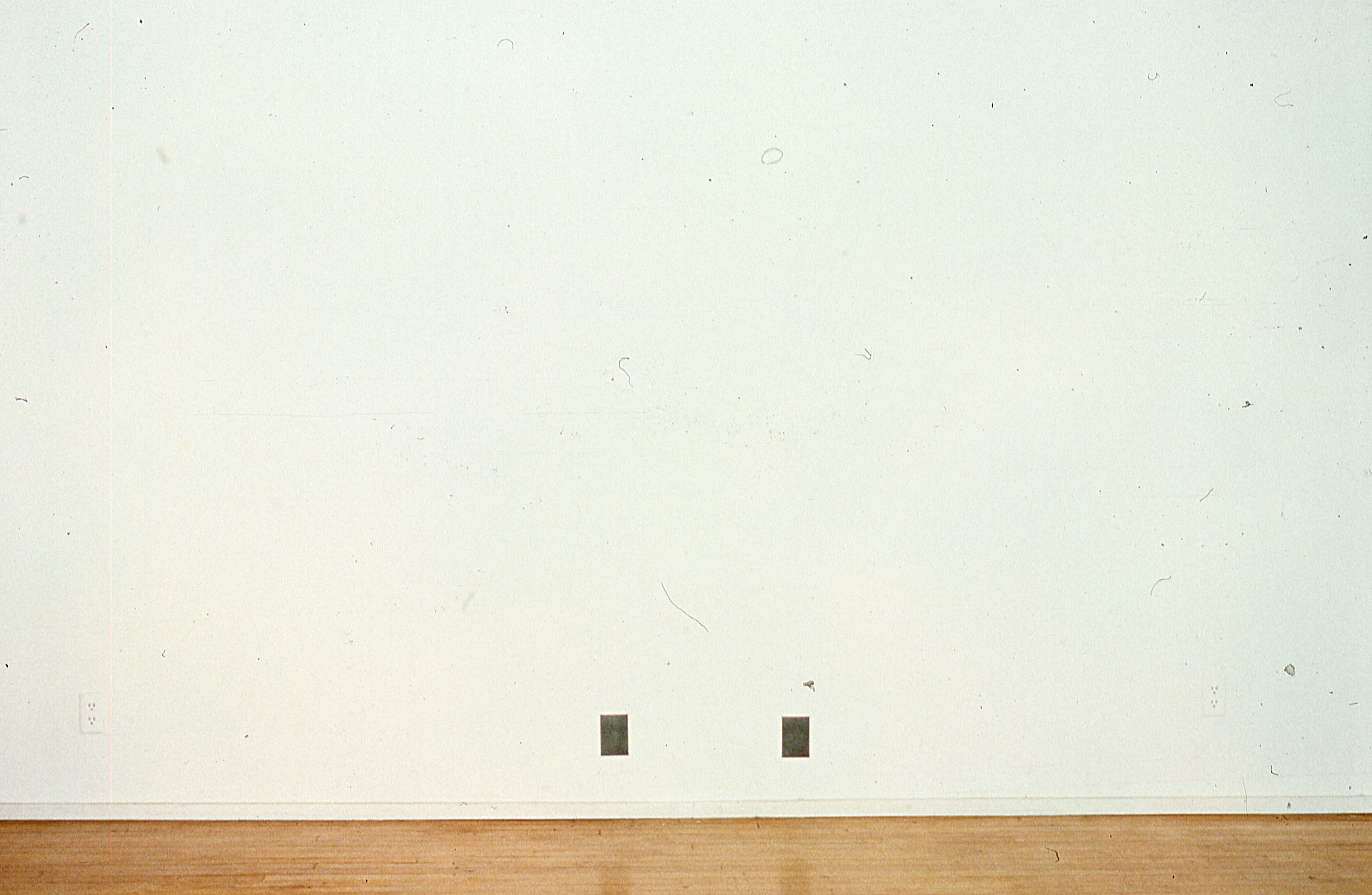 Two small photographs are mounted on a white gallery wall.